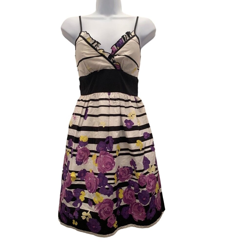 Snap Sundress Sz 5 Purple Floral Striped Spaghetti Ruffled CottageCore FairyCore